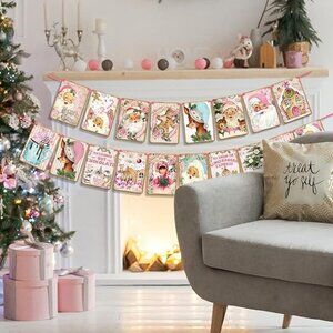 Pink Christmas Decorations Vintage Style Santa Claus Banner Merry Christmas